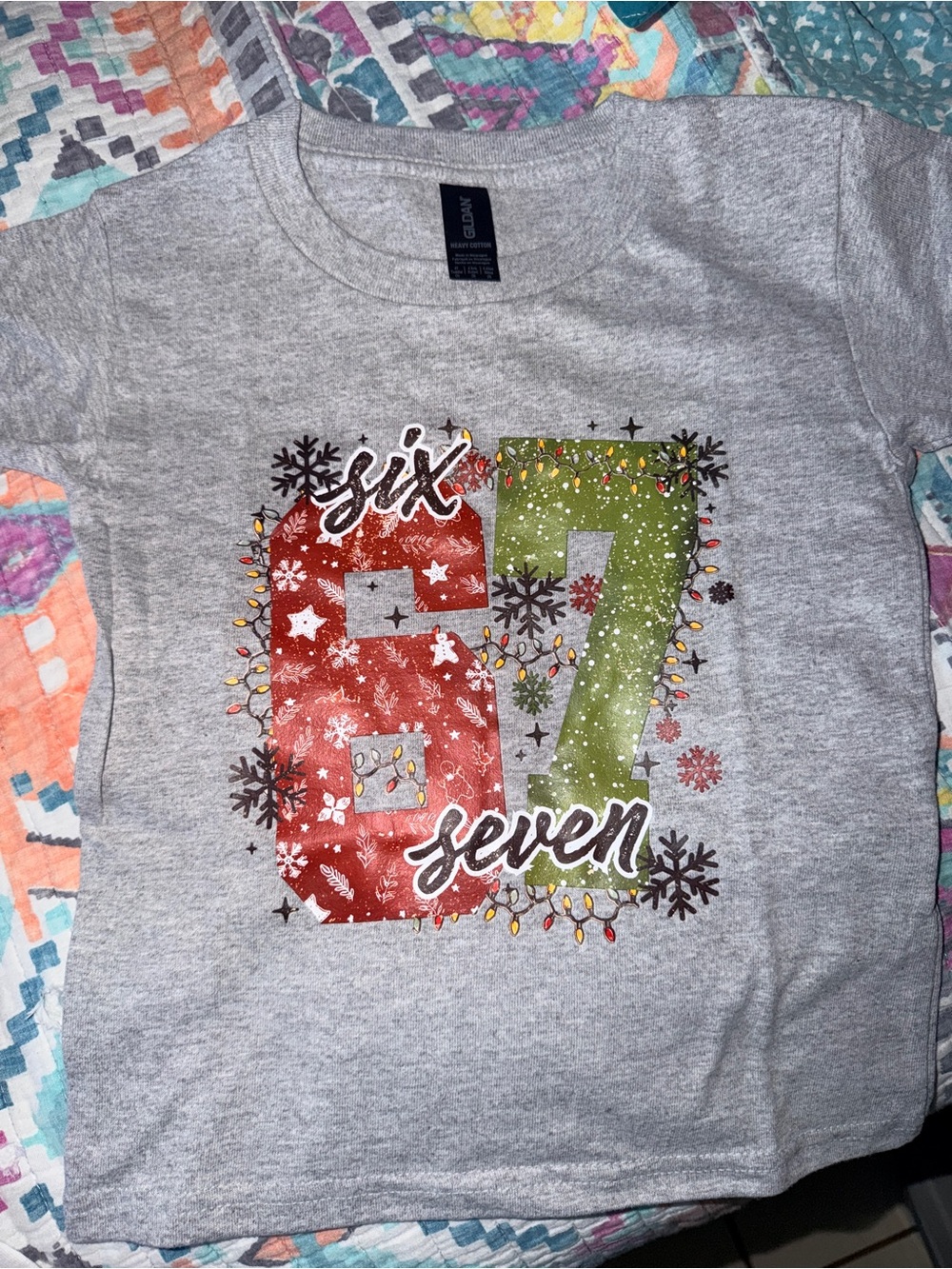 Gildan Kids Heather Gray '67' Holiday Graphic Tee - Red & Green Print